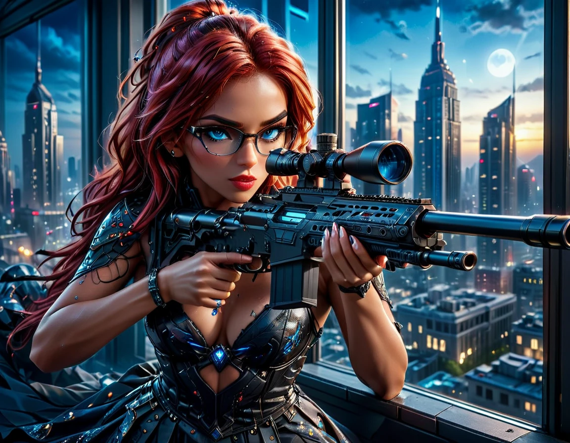 a portrait picture of a 1single woman sniper, standing in a window aiming a sniper rifle, an exotic beautiful woman sniper, red hair, braided hair, (black skin: 1.3), intense blue eyes, wearing intricate glasses ultra detailed face, wearing intricate evening dress, elegant dress, dynamic color, dynamic style, wearing elegant stiletto heels , behind a window in a tall building at nigh, aiming a Light Sniper Rifle , cyberpunk city background, its night time, moon rays, some clouds,  (full body shot: 1.1) , vibrant, Ultra-high resolution, High Contrast, (masterpiece:1.5), highest quality, Best aesthetics), best details, best quality, highres, ultra wide angle, 16k, [ultra detailed], masterpiece, best quality, (extremely detailed) Sniper Rifle, Intense gaze
