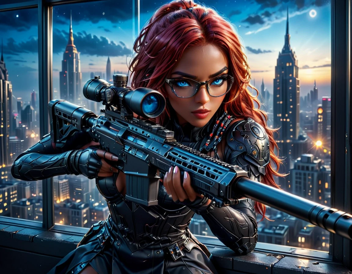 a portrait picture of a 1single woman sniper, standing in a window aiming a sniper rifle, an exotic beautiful woman sniper, red hair, braided hair, (black skin: 1.3), intense blue eyes, wearing intricate glasses ultra detailed face, wearing intricate evening dress, elegant dress, dynamic color, dynamic style, wearing elegant stiletto heels , behind a window in a tall building at nigh, aiming a Light Sniper Rifle , cyberpunk city background, its night time, moon rays, some clouds,  (full body shot: 1.1) , vibrant, Ultra-high resolution, High Contrast, (masterpiece:1.5), highest quality, Best aesthetics), best details, best quality, highres, ultra wide angle, 16k, [ultra detailed], masterpiece, best quality, (extremely detailed) Sniper Rifle, Intense gaze
