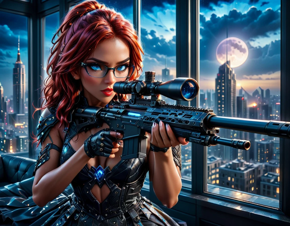 a portrait picture of a 1single woman sniper, standing in a window aiming a sniper rifle, an exotic beautiful woman sniper, red hair, braided hair, (black skin: 1.3), intense blue eyes, wearing intricate glasses ultra detailed face, wearing intricate evening dress, elegant dress, dynamic color, dynamic style, wearing elegant stiletto heels , behind a window in a tall building at nigh, aiming a Light Sniper Rifle , cyberpunk city background, its night time, moon rays, some clouds,  (full body shot: 1.1) , vibrant, Ultra-high resolution, High Contrast, (masterpiece:1.5), highest quality, Best aesthetics), best details, best quality, highres, ultra wide angle, 16k, [ultra detailed], masterpiece, best quality, (extremely detailed) Sniper Rifle, Intense gaze
