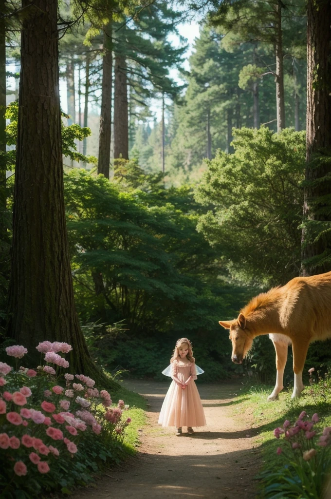 Illustration for a fairy tale about a girl, standing in the forest, who can talk to animals