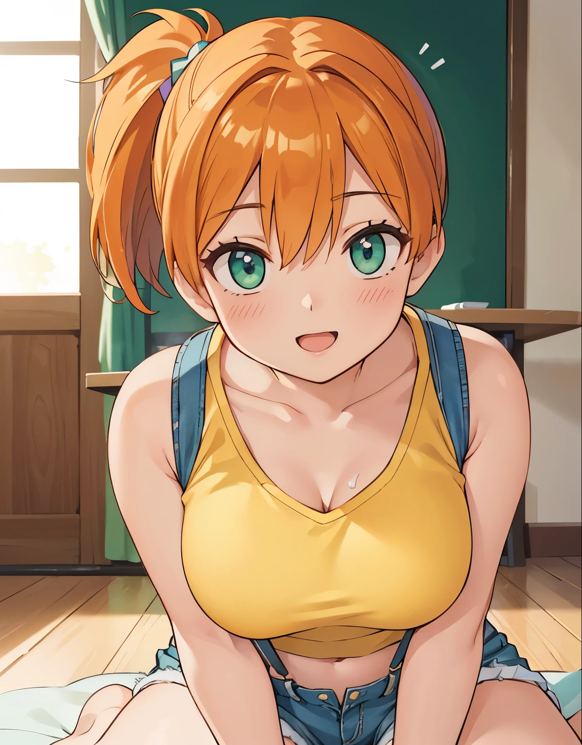 (best quality,4k,8k,highres,masterpiece:1.2), ultra-detailed, realistic:1.37, HDR, studio lighting, vivid colors, bokeh, baking, unattached beautiful girl, a girl lying on the floor, in a classroom,beautiful detailed eyes,beautiful detailed lips,extremely detailed eyes and face,long eyelashes, with a lovestruck gaze, (photorealistic:1.37), with (best quality,4k,8k,highres,masterpiece:1.2), misty, 1girl, breasts, looking_at_viewer, short_hair, closed_mouth, bangs, navel, hair_between_eyes, bare_shoulders, sitting, green_eyes, full_body, lying, sleeveless, midriff, orange_hair, side_ponytail, crop_top, looking_to_the_side, eyelashes, bare_legs, sleeveless_shirt, leaning_forward, arm_support, suspenders, tank_top, denim_shorts, yellow_shirt, hair_tie, green_shorts, suspender_shorts, yellow_tank_top, down blouse, body shape, chubby thighs, thick thighs, open mouth, smile, ultra-detailed description, capturing every exquisite detail of her appearance. Her eyes are mesmerizing, with long curled lashes, glistening in the light. Her lips are perfectly shaped, with a subtle hint of a smile. She is dressed elegantly in a flowing dress, radiating grace and charm. The scene is bathed in warm and romantic lighting, creating a captivating ambiance. The artwork possesses a fusion of realism and artistic flair, resulting in a masterpiece that showcases the emotions of love and admiration, open mouth, bukkake, cum on mouth, cum on face, 