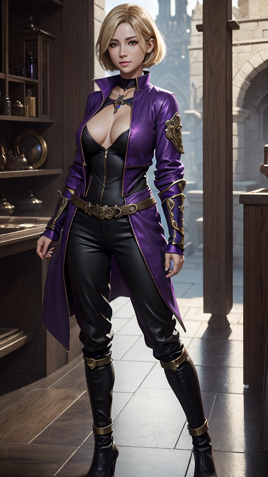 1girll,Gorgeous Hair in Long Purple,Purple one-piece skinny leather coat,Tattooed with,There is a red ribbon around the waist,Purple boots,The thigh has leg rings,There is a katana in the left hand,The right hand has a purple energy glow,Hands full breasts, Convex buttocks, city ruins,holy rays,A desert,Detailed background, Clothing details, perfectly proportioned, filmgrain, Fuji colors, lightand shade contrast, tmasterpiece, high detal, high qulity, A high resolution, Cinematic lighting, 8K, Textured skin, Super detail
