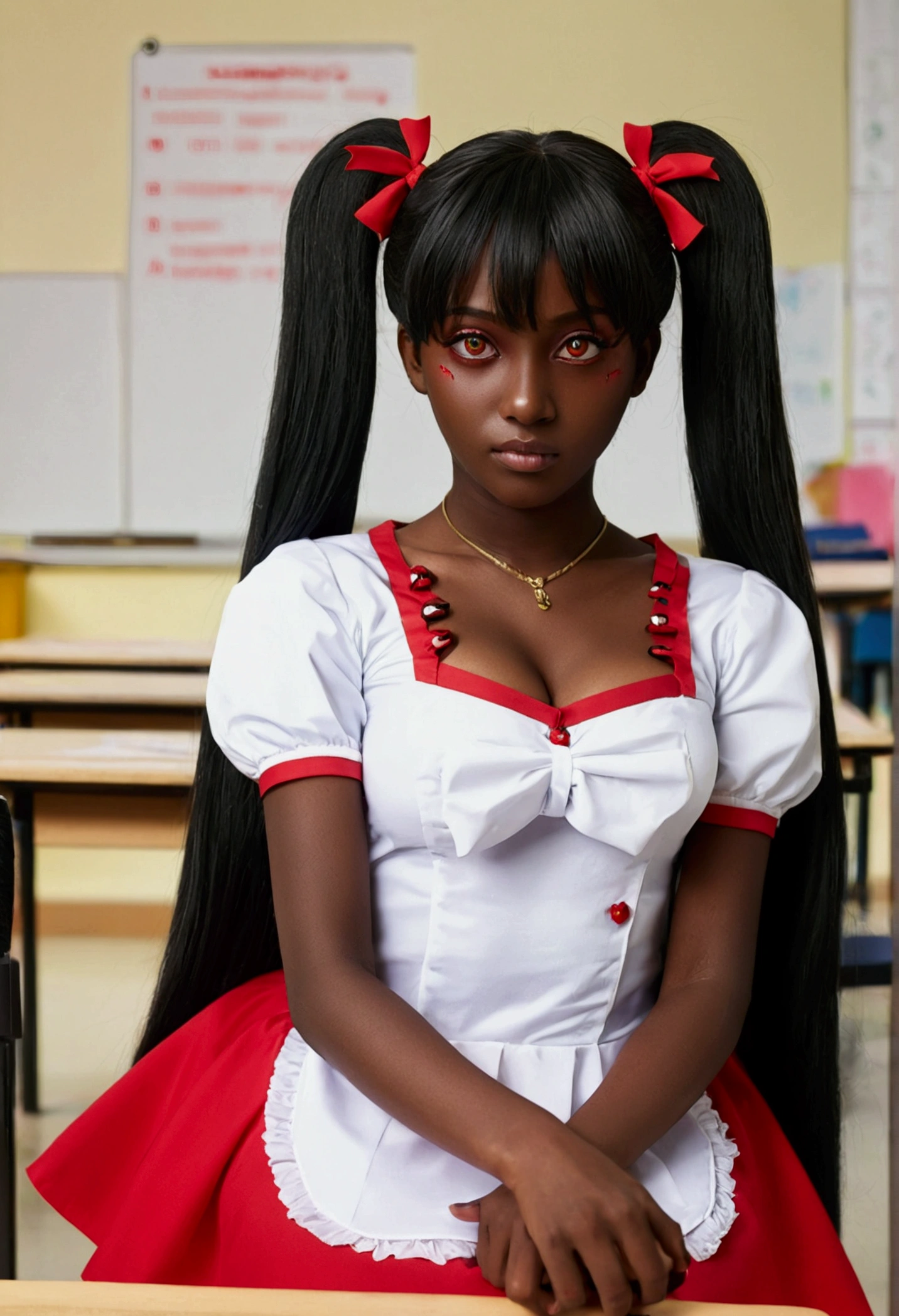 (masterpiece:1.2, best quality), 1 Dame, alone, , classroom, day, Sit, bionde, Twin tails, red eye, open cooperation, darkskin, (open breasts:1.1),