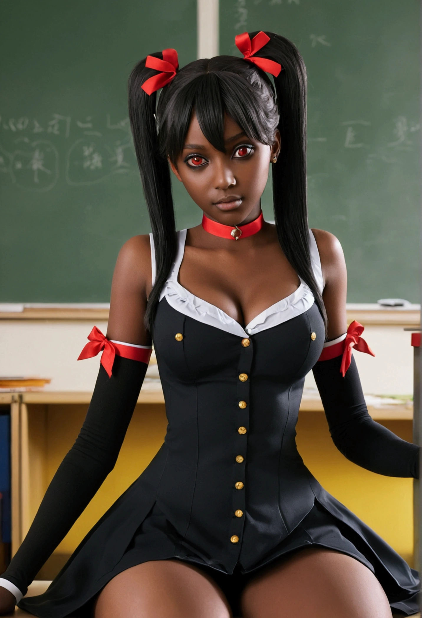 (masterpiece:1.2, best quality), 1 Dame, alone, , classroom, day, Sit, bionde, Twin tails, red eye, open cooperation, darkskin, (open breasts:1.1),