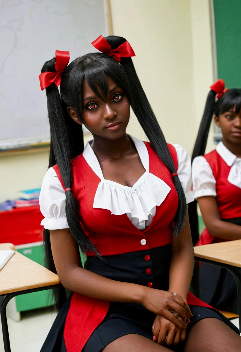 (masterpiece:1.2, best quality), 1 Dame, alone, , classroom, day, Sit, bionde, Twin tails, red eye, open cooperation, darkskin, (open breasts:1.1),