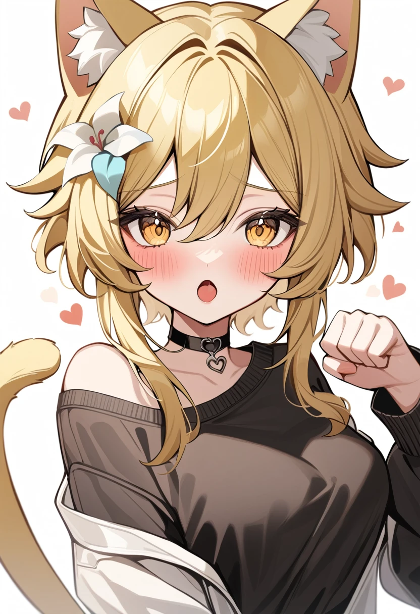 lumine (genshin impact), 1 girl, upper body, commectary highres, alternate costume, animal ears, one bare shoulder, black choker, black sweater, blonde hair, blush, breasts, cat ears, cat tail, choker, hair between eyes, hair flower, hair ornament, hand up, heart, kemonomimi mode, looking at viewer, medium breasts, open mouth, paw pose, puffy long sleeves, short hair, long locks, sidelocks, solo, white background, white flower, yellow eyes, god light,, masterpiece, best quality, very aesthetic, absurdres