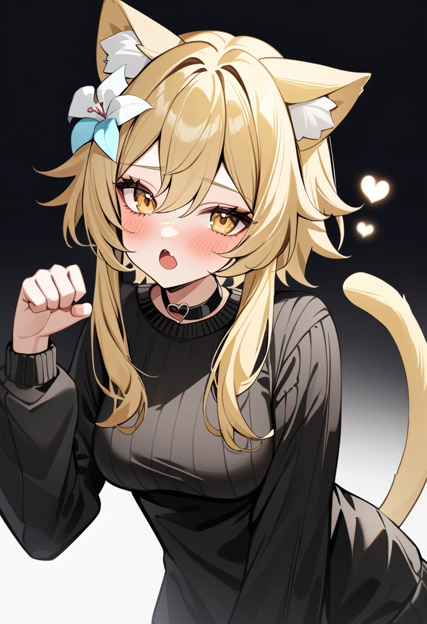 lumine (genshin impact), 1 girl, upper body, commectary highres, alternate costume, animal ears, one bare shoulder, black choker, black sweater, blonde hair, blush, breasts, cat ears, cat tail, choker, hair between eyes, hair flower, hair ornament, hand up, heart, kemonomimi mode, looking at viewer, medium breasts, open mouth, paw pose, puffy long sleeves, short hair, long locks, sidelocks, solo, white background, white flower, yellow eyes, god light,, masterpiece, best quality, very aesthetic, absurdres