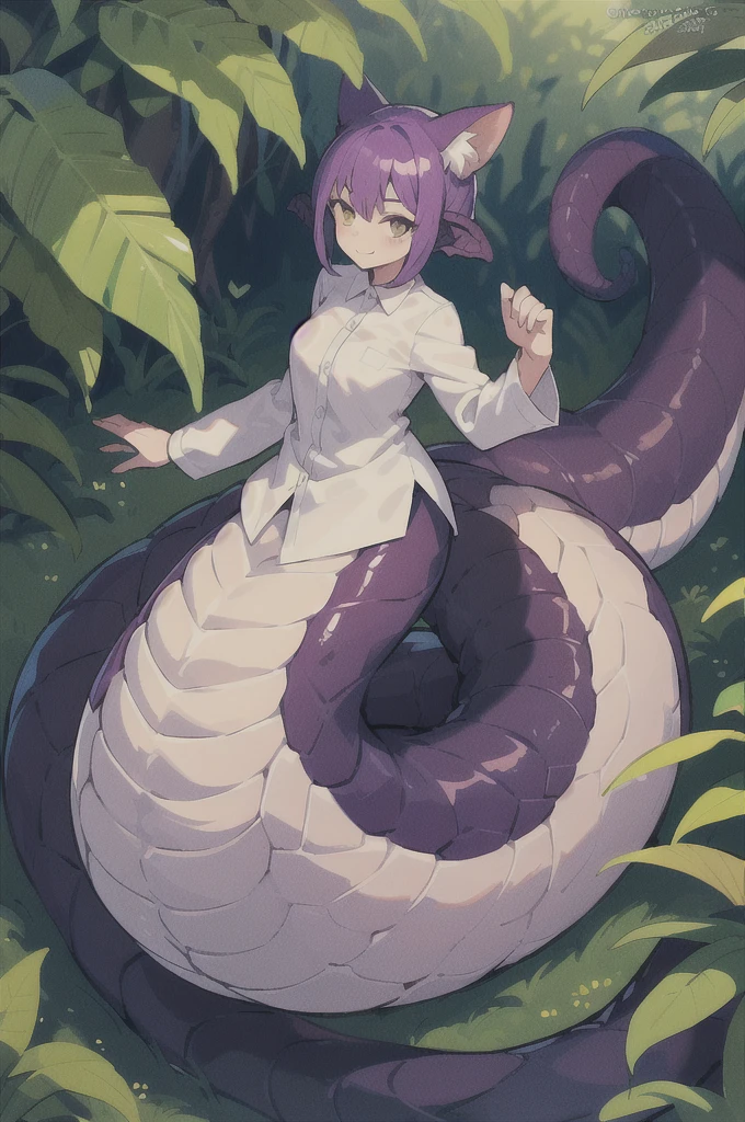 One girl, Lamia, scale, White shirt, whole body, Outdoor,Not too long a tail、Perfect tail、Purple tail