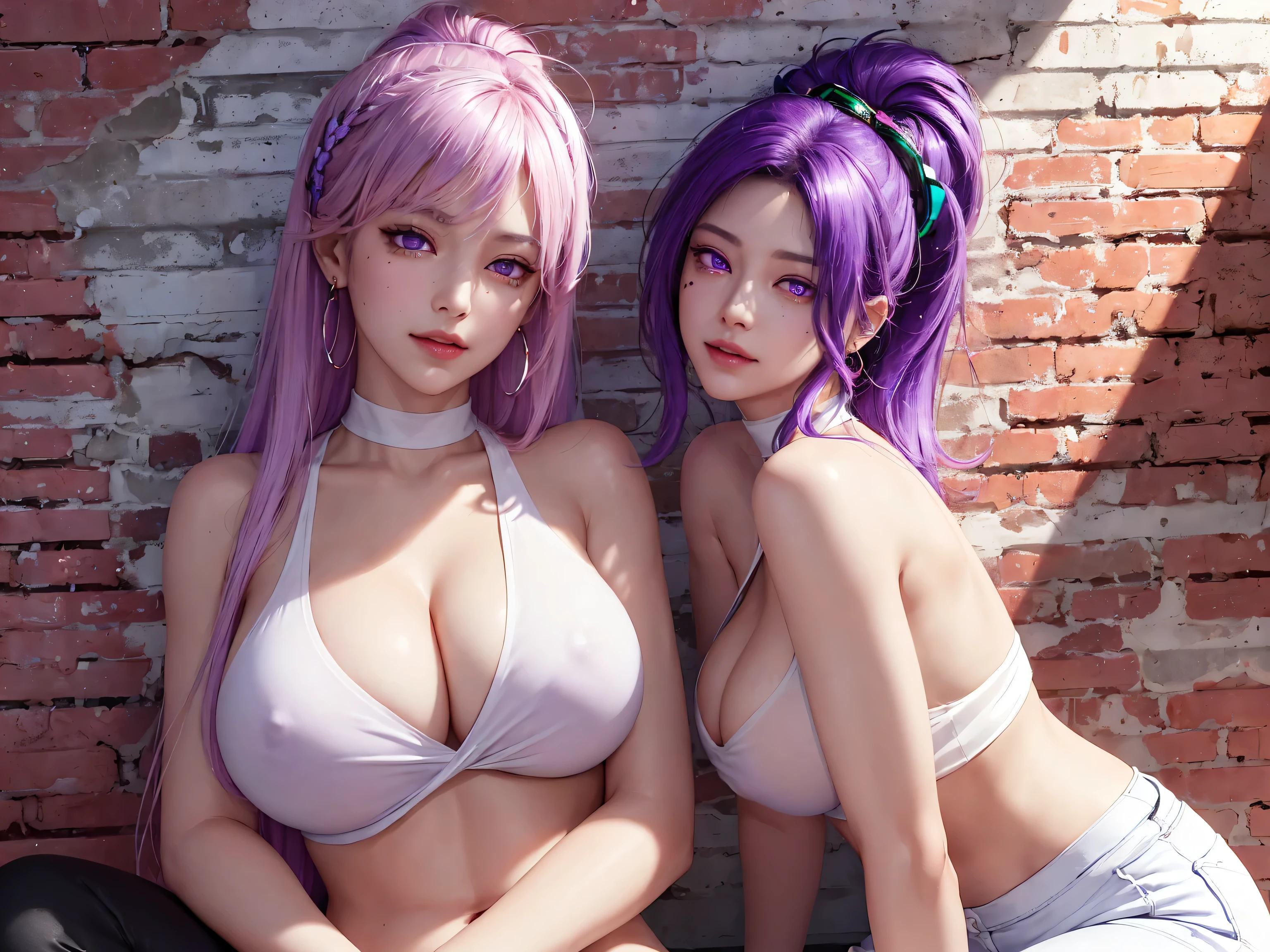 (Masterpiece, best quality, 1 girl, alone, complicated details, Chromatic aberration), realistic, ((Moderate breath)),long hair, pink hair, Red headpiece, Pink Highlights, hair on one eye,purple eyes, earring, sharp eyes, choker, Neon coat, She wears a collar, bangle, and kimono style garters., crop top, (symmetrical eyes),(Perfect symmetrical body),against the wall, Brick wall, (colorful graffiti words on the wall:1.2), The light is dim., alley ,Look at the viewer.、Dig the chest、smile、(sleeveless、Navel touch、Fitted turtleneck.)、street string hot pants、Thin bottom、Please build above the eaves..、Thin shoulders、in sportbar、Highest quality、masterpiece、Ultra-high resolution、(Photorealistic:1.4)、RAW Photos、One Girl、Glowing Skin、Put the headset on your head、((Ultra-Realistic Details))、Portrait、Global Illumination、Shadow、Octane Rendering、8k、Super sharp、((Delicate body type))、Hair ornament of the future、((Wear a thin white shirt on bare skin:1.4))、Cleavage、((Huge boobs:1.4))、(Sunburned skin:1.4)、Very intricate details、Realistic Light、Metallic Shine、CGSoation Trend、(Purple eyes:1.4)、(Shining Eyes)、To the camera、Neon Details、Sit on、Cyberpunk Background、Small LED Lamp、(Pink and green lighting from behind)、