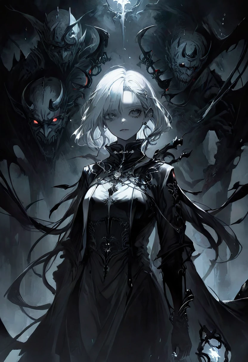 Anime, démon féminin dans un décor fantastique, représenté dans un style artistique sombre avec une touche gothique. Le personnage est une jeune fille gothique aux couleurs noir et blanc, couverte de sang, dégageant une aura de dark fantasy. Elle tient un cornet de glace dans sa main gauche, créant un contraste saisissant avec l'atmosphère étrange et sombre qui l'entoure. L'illustration présente une conception de personnage détaillée et des éléments d'arrière-plan complexes, renforçant l'esthétique de la dark fantasy.