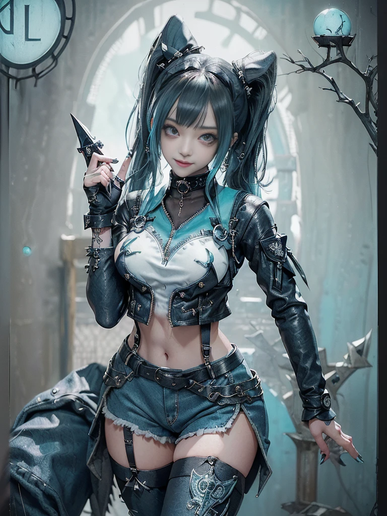 (Full Body View:1.4)、(Side view:1.1)、(Smiling with teeth showing:1.3),(Shibuya Gal:1.5)、(Maid café clerk:1.5)、(Punk RockVisual Kei:1.4)、(Turquoise, navy and denim medieval noble zip up:1.5)、(Navy and white arm covers and bugle pants:1.5)、(Blue high heels:1.3)、(Wearing silver accessories:1.5)、(Dark brown collar:1.4)、(Leather garter belt:1.4)、(Brown Skin Belt:1.3)、(Black lace underwear:1.5)、20-year-old、NSFW、((Highest quality、In 8K、masterpiece:1.3))、Sharp focus:1.2、(Layered Cut、Huge boobs:1.1),Beautiful woman with perfect figure:1.4、(Doing an aerobics pose:1.3)、Slender Abs:1.2、Highly detailed face and skin texture、Detailed eyes、double eyelid,(Twin tails:1.3)、(Black Hair:1.3)、Gravure idol、(A fairytale-like cafe with a lush tree background:1.3)、(Slim Body:1.3),(Make your legs thinner:1.4),(Thin, thin thighs:1.3)、(clavicle:1.1)