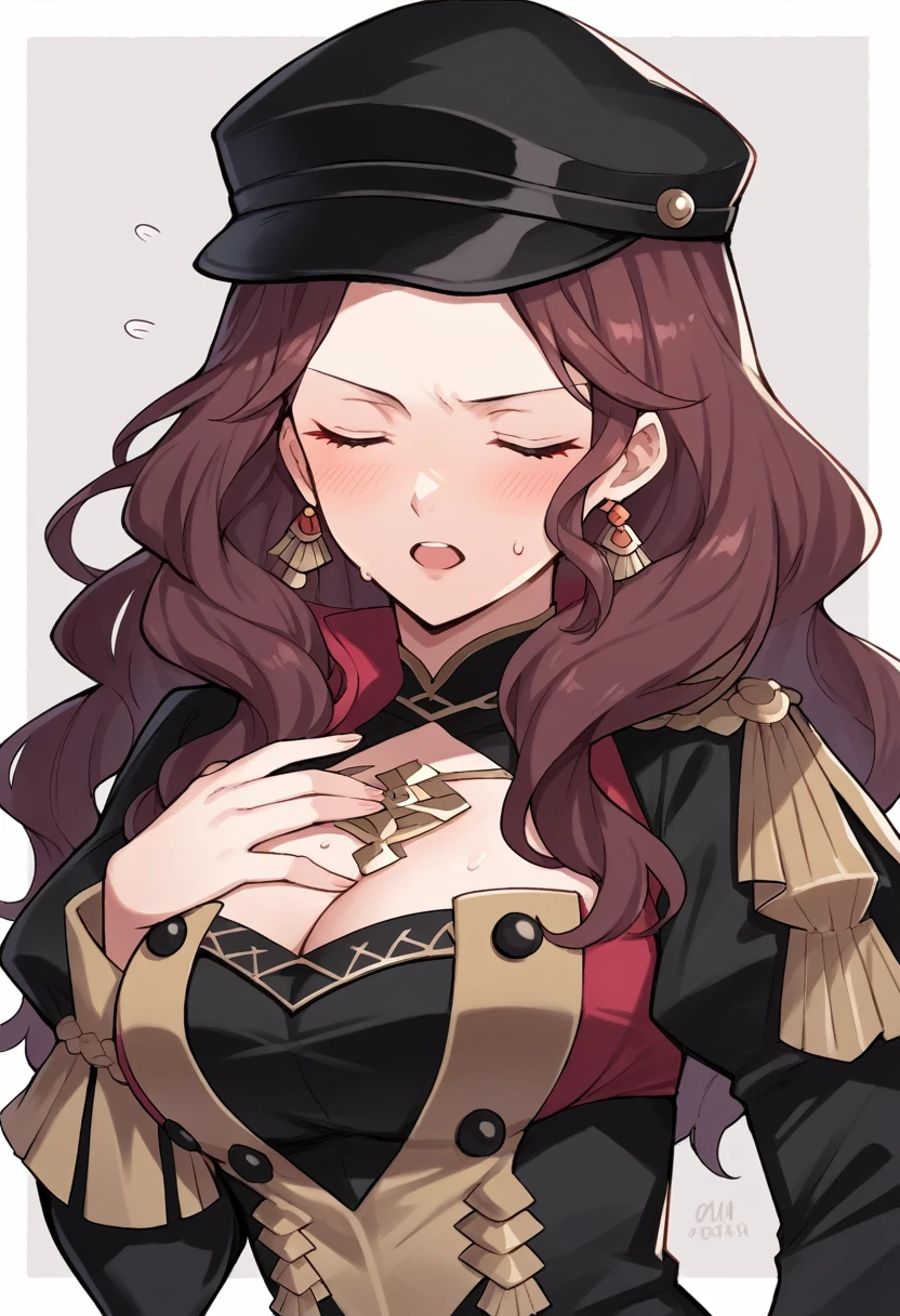 score_9, score_8_up, score_7_up, source_anime, Dorothea (Fire Emblem), bust shot, close-up, black headwear,  (black long-sleeve uniform), brown hair, dangle earrings, gold trim, closed eyes, jewelry, large breasts, long hair, black peaked cap, black hat, looking at the viewer, serious facial expression, slightly-open mouth, blush, sweat, hand on chest, seductive