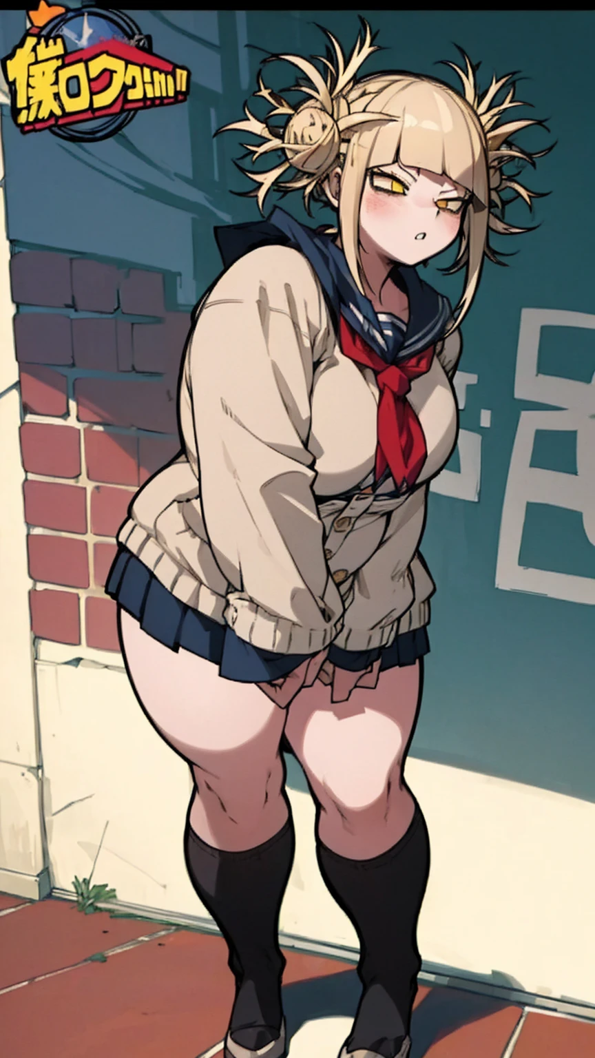 source_anime, best quality, clear face, Toga Himiko,  blonde hair, yellow eyes, short hair, large breasts, perfect body, looking at viewer, smile, dressed up as a panda posing for a photo, in the city ​​at night, standing, dynamic angle, from behind view, big ass ,seductive anime girl, sfw version.