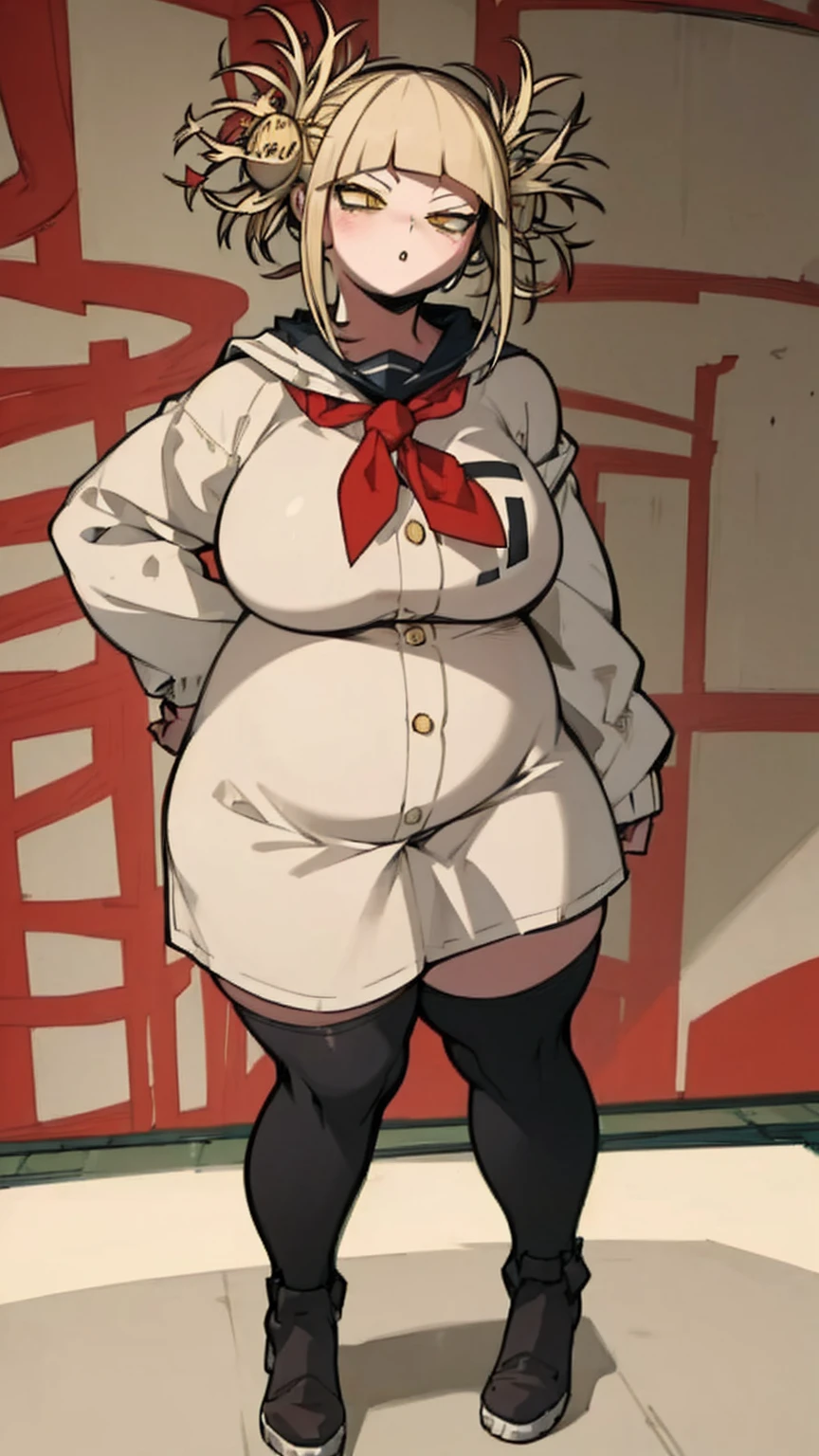 masterpiece, best quality, ultra-detailed, Potrait of beautiful , (chubby), (plump), (sexly), (Breasts), (Plump), (overweight), (Blonde), ((Saggy breasts)), (yellow eyes), (toga himiko), (fullbody), ((standing))