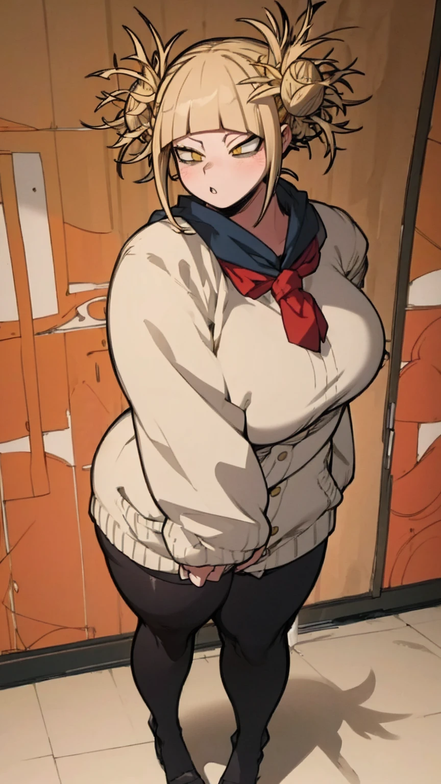 masterpiece, best quality, ultra-detailed, Potrait of beautiful , (chubby), (plump), (sexly), (Breasts), (Plump), (overweight), (Blonde), ((Saggy breasts)), (yellow eyes), (toga himiko), (fullbody), ((standing))