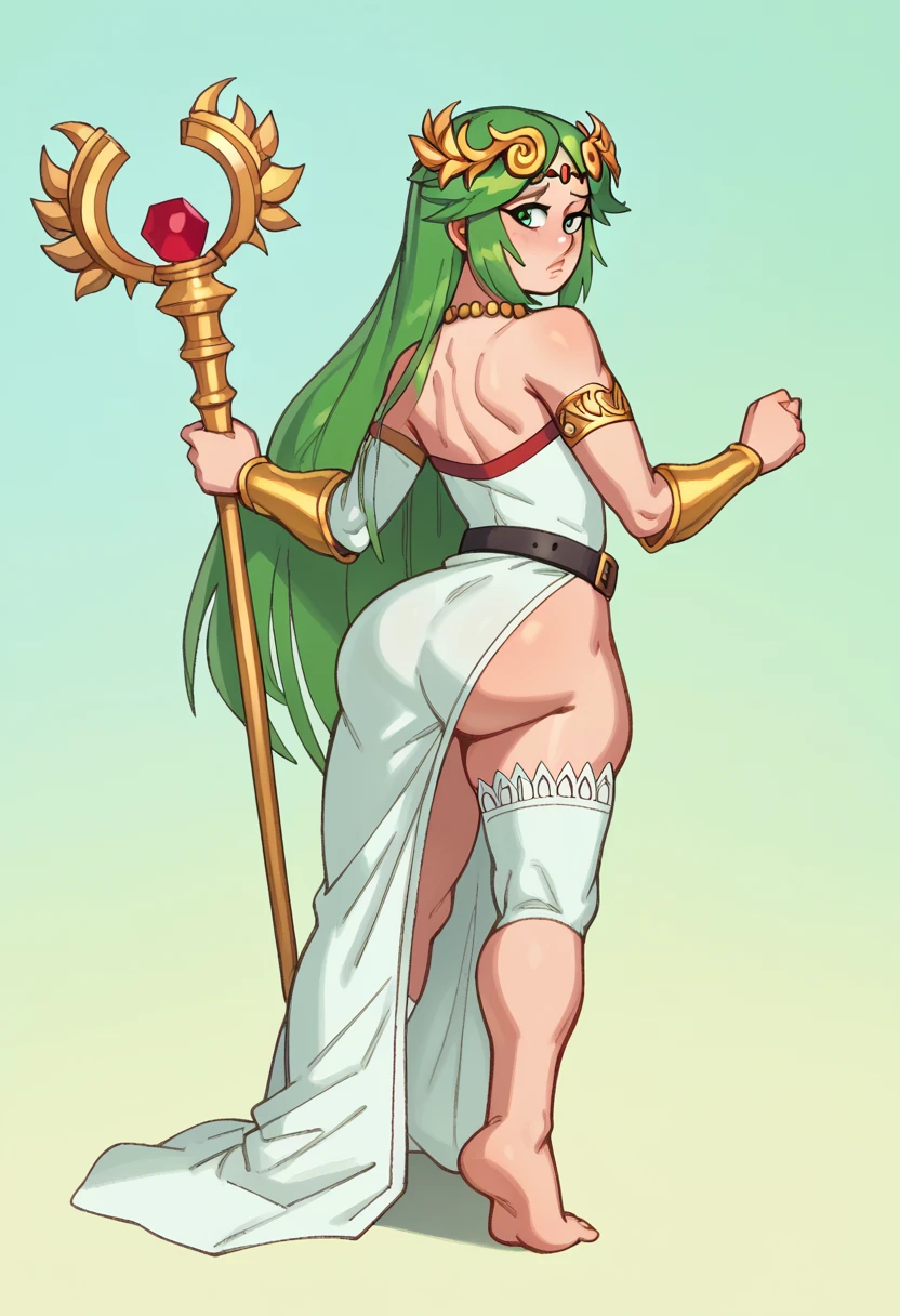 (masterpiece, best quality:1.3), Rizdraws, Thin Lineart, male, solo, looking at viewer, flat chest, feminine male, green hair, full body, :o, necklace, bare shoulders, strapless dress, vambraces, belt, white dress, white thighhighs, single thighhigh, holding staff, palutena, parted bangs, tiara, wide butt, from behind, shy look, large white Bloomers under dress, very large ass