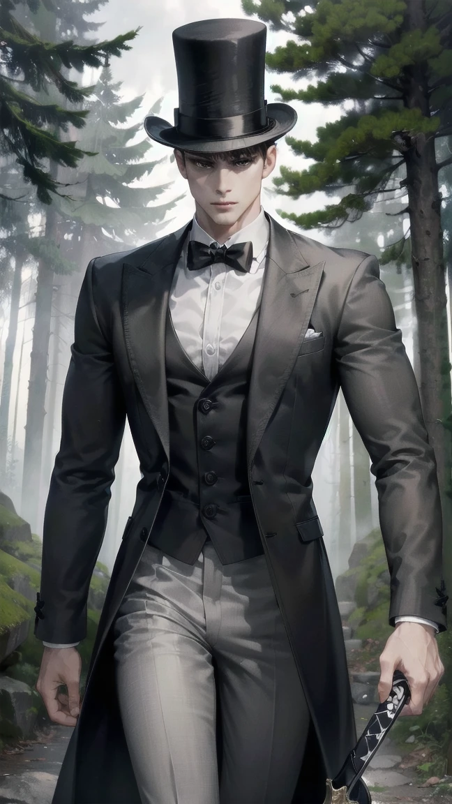 Masterpiece, Superior picture quality, high resolution, 4K images, man ,black short hair ,white skin, black eyes, Very detailed eyesight, height, The body is muscular., hold a sword with your right hand, gray top hat, long gray raincoat, Brown pants walking on the forest path, dark forest, at night, Foggy atmosphere