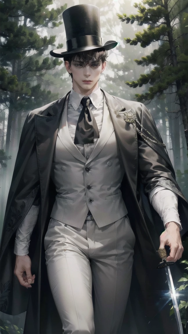 Masterpiece, Superior picture quality, high resolution, 4K images, man ,black short hair ,white skin, black eyes, Very detailed eyesight, height, The body is muscular., hold a sword with your right hand, gray top hat, long gray raincoat, Brown pants walking on the forest path, dark forest, at night, Foggy atmosphere