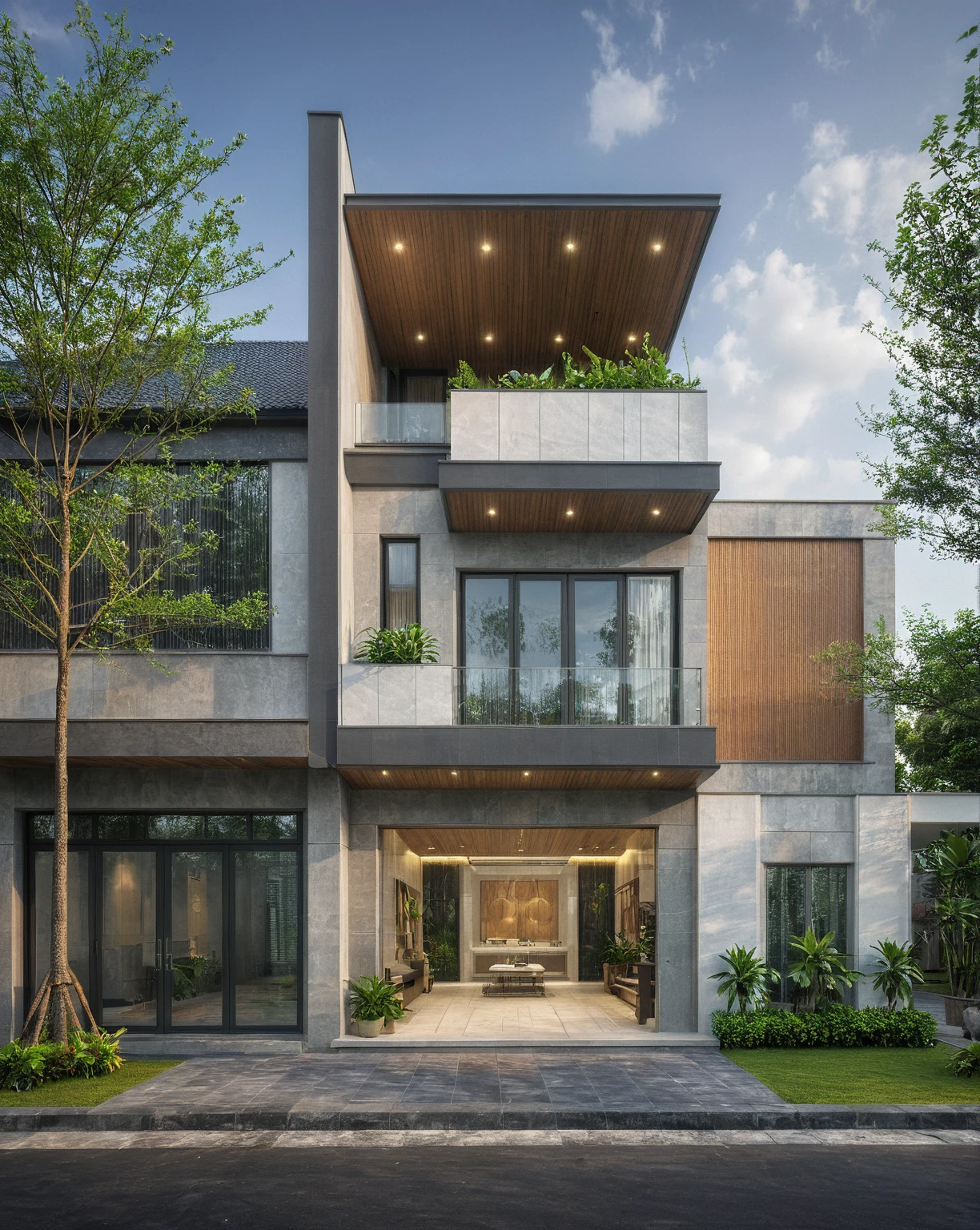 modern villa on street, (overcast lighting:1.2), tropical tree, vivid color, streetcapes, nice sky, grey and wwhite tone, (large glass door:1.2), warm interior lighting, modern material, best quality, ultra realistic, masterpiece, 17ArchiAI_XL_VL-v1