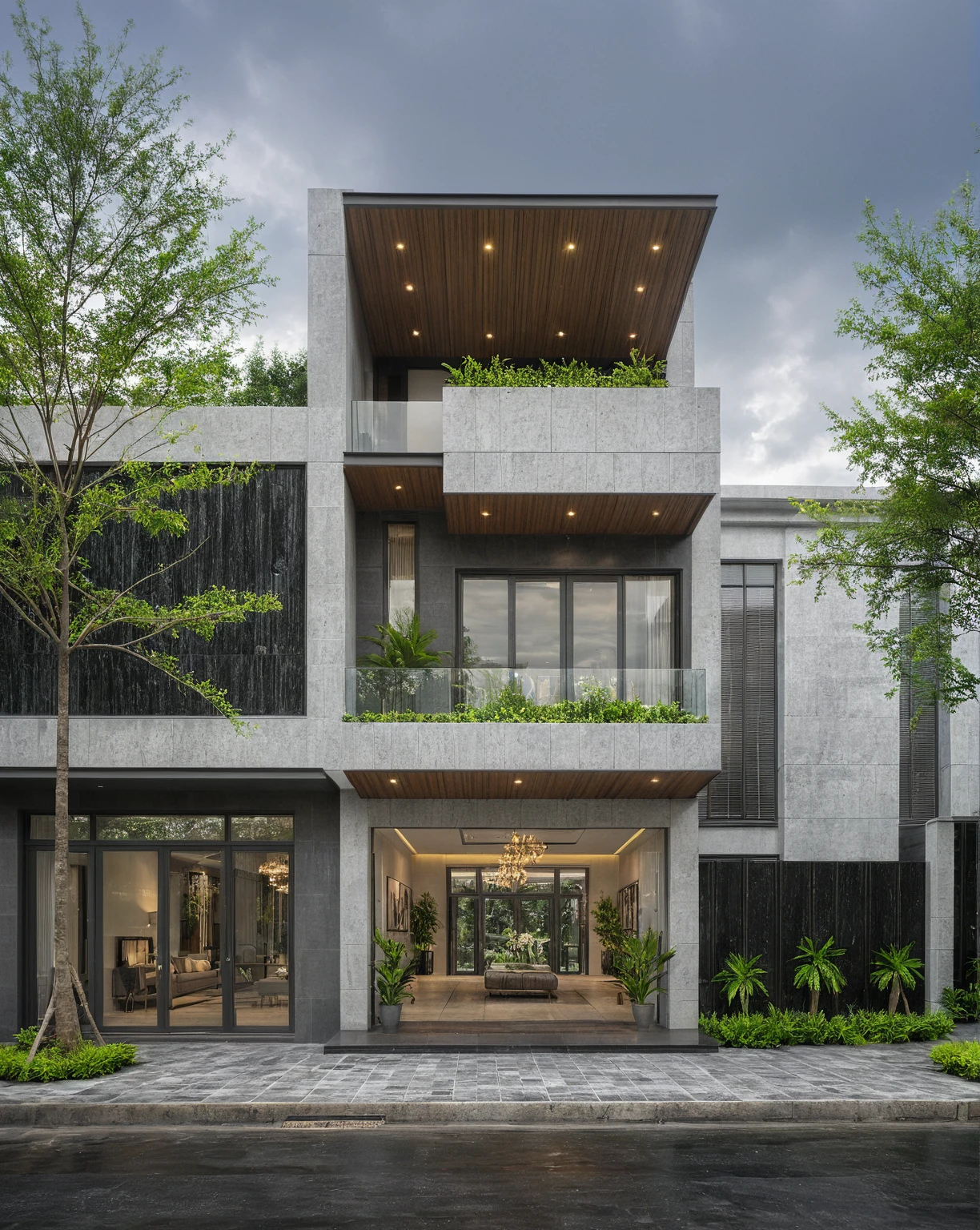 modern villa on street, (overcast lighting:1.2), tropical tree, vivid color, streetcapes, nice sky, grey and wwhite tone, (large glass door:1.2), warm interior lighting, modern material, best quality, ultra realistic, masterpiece, 17ArchiAI_XL_VL-v1