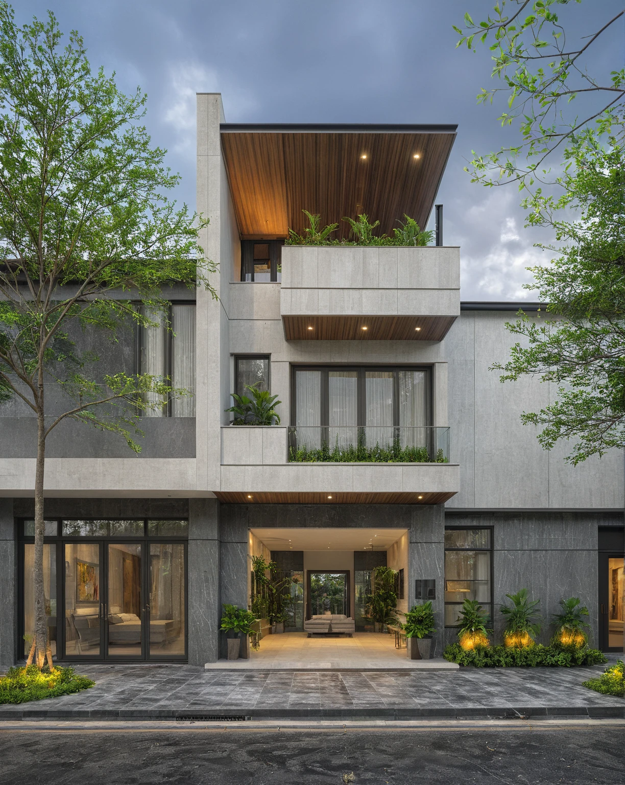 modern villa on street, (overcast lighting:1.2), tropical tree, vivid color, streetcapes, nice sky, grey and wwhite tone, (large glass door:1.2), warm interior lighting, modern material, best quality, ultra realistic, masterpiece, 17ArchiAI_XL_VL-v1
