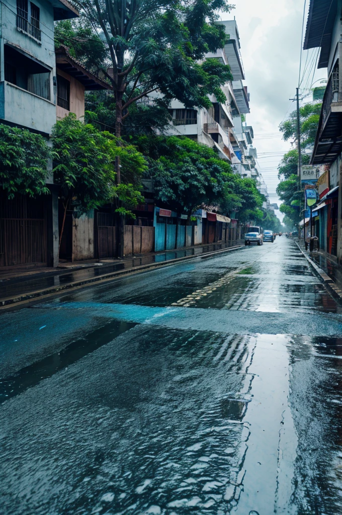 Indian street road. Rainy season. Blue tint. Hd.