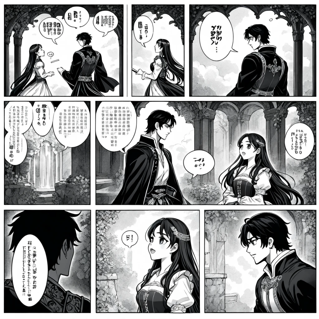 (8k, best quality, master piece: 1.2),super high resolution,A page of a black and white comic book divided into frames、Romeo and Juliet、A princess falls in love with a prince、speech bubble、Powerful girl manga style