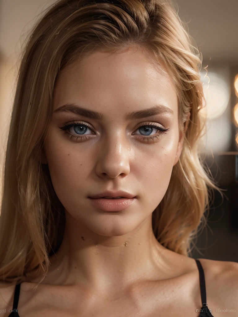 blonde woman, selfie, low angle shot, sexy lingerie, beautiful detailed eyes, beautiful detailed lips, extremely detailed eyes and face, long eyelashes, photorealistic, 8k, high quality, cinematic lighting, dramatic lighting, vivid colors, warm color palette, soft focus, natural bokeh, beauty portrait