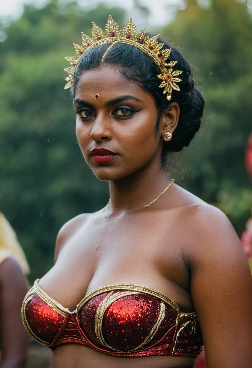 (((photo of a ancient kerala nude alien ))), (((black kali))) , (((Half Body))), (((very dark skin))), (((45 years old))), (((((very dark nipple and areola))))) (((plus size chubby tall))), (((huge busty milky wet big massive boobs))), (((nude thick thigh))), (((ancient black mini skirt))), ((black skin dark body)), (((red ornaments))), (((depth of field))), ((( flame bokeh))), (((rain))), ((( flashing light leaks))), (((divine))), photorealistic,photo, realism, Getty Images, RAW candid cinema, 16mm, colour graded portra 400 film, remarkable colour, ultra realistic, textured skin, remarkable detailed pupils, realistic dull skin noise, visible skin detail, skin fuzz, dry skin, shot with cinematic,light leaks, RAW Image, DOF, depth of field,bokeh