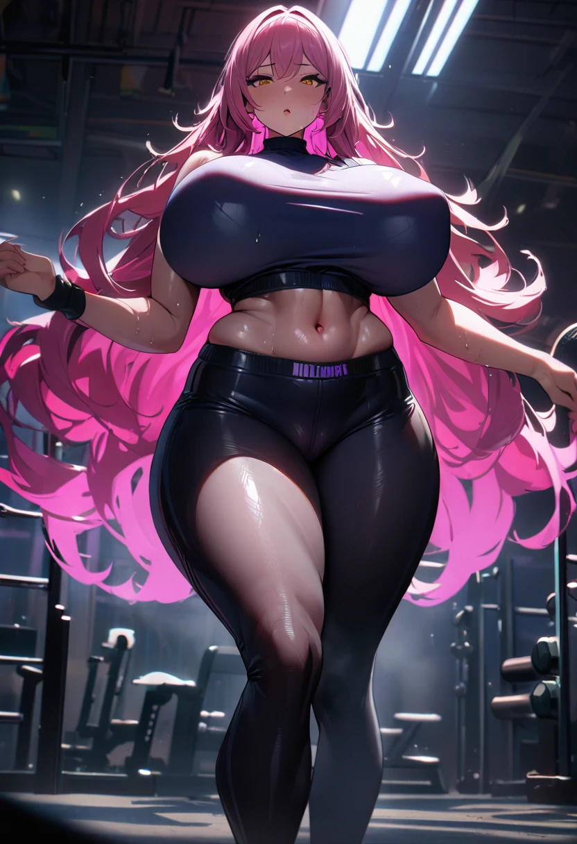 1girl,super huge , pink hair,golden eyes,staring coldly,long hair, body curves, gym, sweating, crop top , nsfw, fullbody (best quality,4k,highres,masterpiece:1.2),ultra-detailed, dramatic lighting,vibrant colors,cinematic
