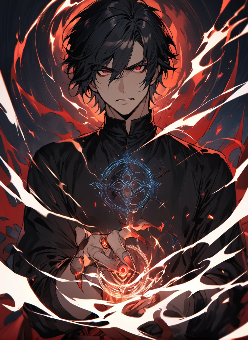 handsome, solo, 1 male, short hair, black hair, sharp eyes, red eyes, lighting, fantasy, black shirt, arrogant look, condescending expression , magic ring, magic circle in hand, blue particles smoldering at the tips of the fingers.