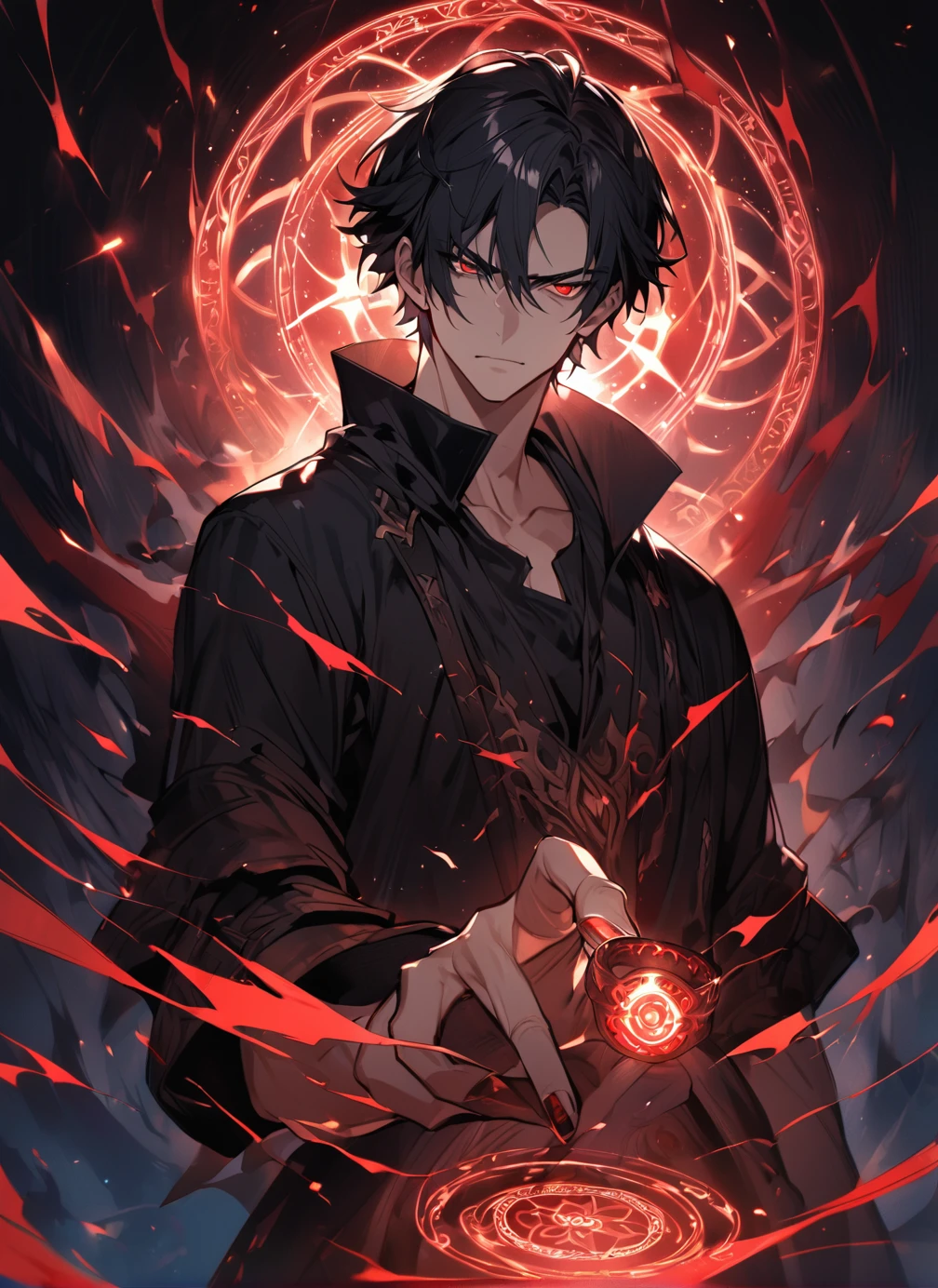 handsome, solo, 1 male, short hair, black hair, sharp eyes, red eyes, lighting, fantasy, black shirt, arrogant look, condescending expression , magic ring, magic circle in hand, blue particles smoldering at the tips of the fingers.