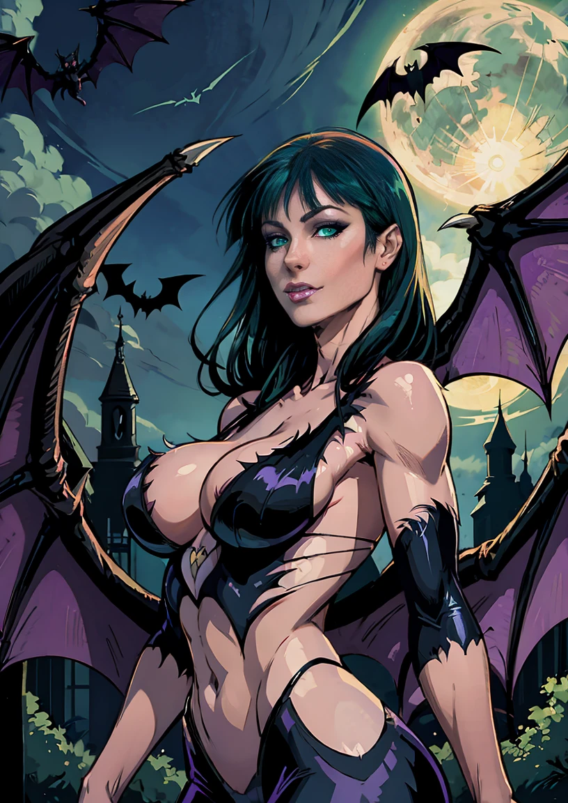 ((Morrigan Aensland in comics style)), greeneyes, ((bat wings on the back)),(( Bat wings on Morrigan Aensland&#39;s head)), ((long green hair)), black swimsuit, (lilac legs), (light lilac legs), purple pants fitted with silhouettes of purple bat symbols, black ankle boots, green aura, small, thin green smoke exhaling from the character, night environment with the full moon in the background, burning scenery in the background, fire in the background, fire in the background, warm lighting at night. 