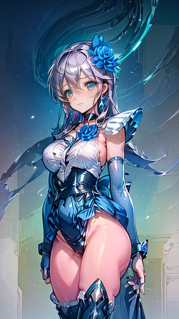 (Highly detailed CG), (Highest quality),((full body))，1 Girl,alone, leotard，Purple Hair，black choker, earrings, blue flower, magical girl, waist bow, cure moonlight dress, jewelry, flower, wrist cuffs, single elbow glove, boots, eyelashes,Perfect Face,  Shiny skin, Wide Hips,Tight waist,Knee-high boots，Elbow Bag,1 Girl, Long Hair, (((Cowboy Shot,Dynamic Angle)))，body suit，