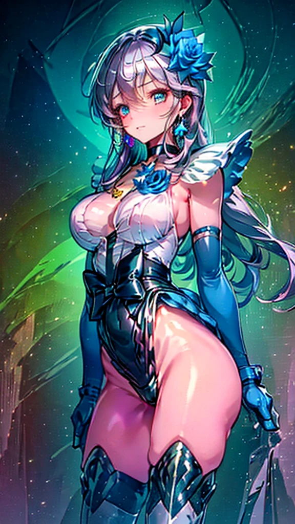 (Highly detailed CG), (Highest quality),((full body))，1 Girl,alone, leotard，Purple Hair，black choker, earrings, blue flower, magical girl, waist bow, cure moonlight dress, jewelry, flower, wrist cuffs, single elbow glove, boots, eyelashes,Perfect Face,  Shiny skin, Wide Hips,Tight waist,Knee-high boots，Elbow Bag,1 Girl, Long Hair, (((Cowboy Shot,Dynamic Angle)))，body suit，