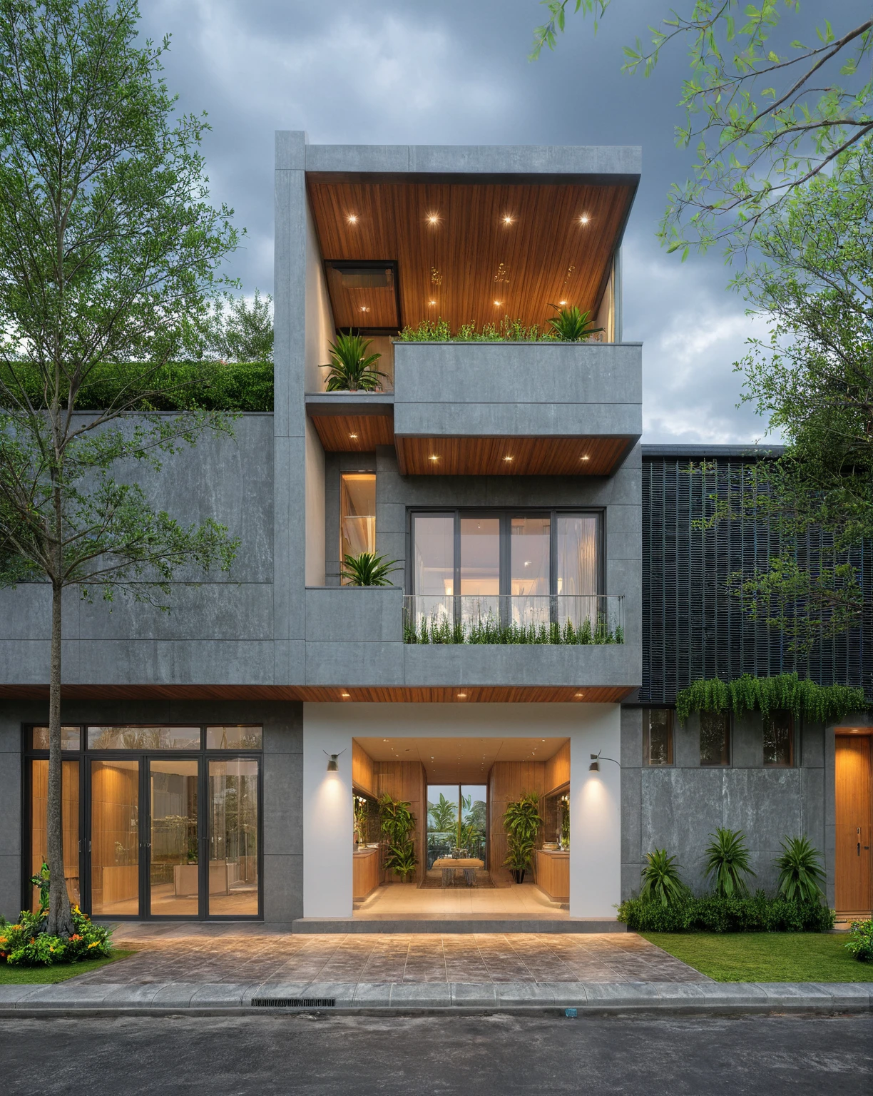 modern villa on street, (overcast lighting:1.2), tropical tree, vivid color, streetcapes, nice sky, grey and wwhite tone, (large glass door:1.2), warm interior lighting, modern material, best quality, ultra realistic, masterpiece, 17ArchiAI_XL_VL-v1