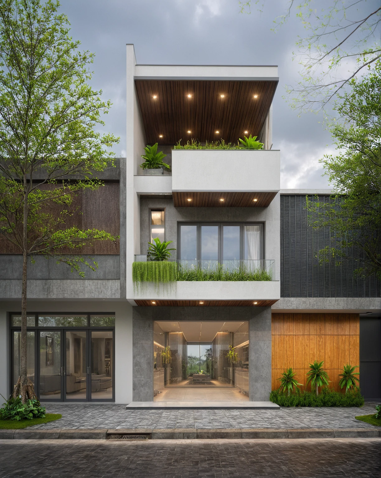 modern villa on street, (overcast lighting:1.2), tropical tree, vivid color, streetcapes, nice sky, grey and wwhite tone, (large glass door:1.2), warm interior lighting, modern material, best quality, ultra realistic, masterpiece, 17ArchiAI_XL_VL-v1