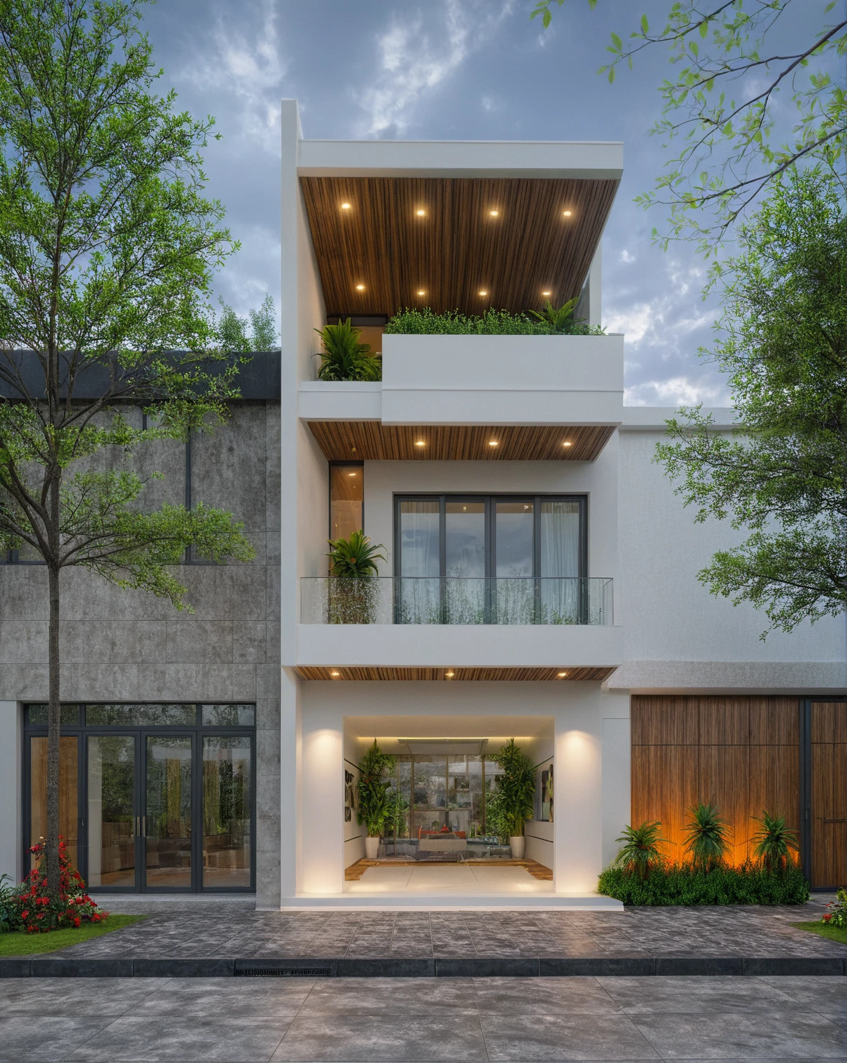 modern villa on street, (overcast lighting:1.2), tropical tree, vivid color, streetcapes, nice sky, grey and wwhite tone, (large glass door:1.2), warm interior lighting, modern material, best quality, ultra realistic, masterpiece, 17ArchiAI_XL_VL-v1
