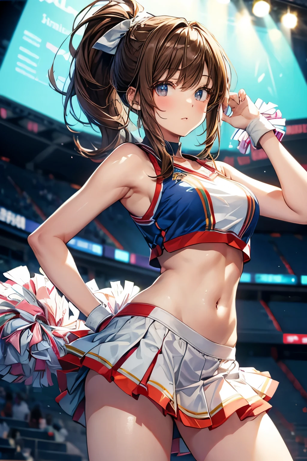 masterpiece,Highest quality,Very detailed,Dancing cheerleader beautiful girl, teenager,Brown hair ponytail,Beautiful and detailed eyes,skinny, full body,Dynamic
