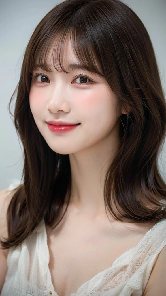 1 woman, individual, Chest, Blushing, Smile, Bangs, Subjective perspective,