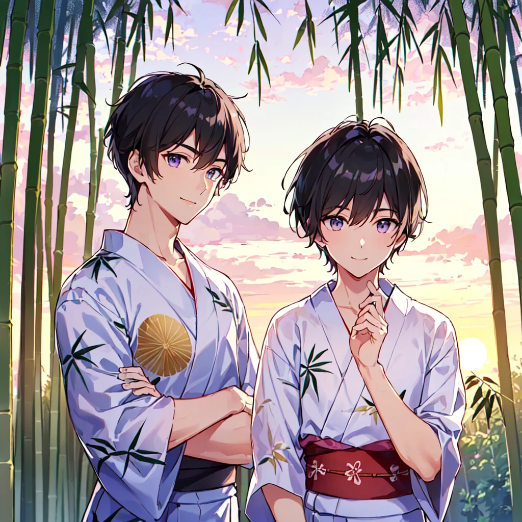 masterpiece,best quality,high quality,(1 male austere handsome solo adult age 30:1.5), purple eyes, cool with drooping eyes, V-shaped eyebrows, body strong and fearless 8.5 head tall, height 185cm, (well-groomed short black hair down to neck:1.4), (bangs 7 thirds parted:1.4), slender nose, facial muscles, throat, (Japanese print summer yukata with short sleeves and pants:1.3), (stylish pose), (cool smile:1.3), (bamboo forest in background:1.3), (sunset:1.3), (upper body:1.3)