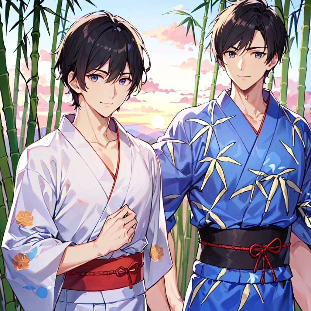 masterpiece,best quality,high quality,(1 male austere handsome solo adult age 30:1.5), purple eyes, cool with drooping eyes, V-shaped eyebrows, body strong and fearless 8.5 head tall, height 185cm, (well-groomed short black hair down to neck:1.4), (bangs 7 thirds parted:1.4), slender nose, facial muscles, throat, (Japanese print summer yukata with short sleeves and pants:1.3), (stylish pose), (cool smile:1.3), (bamboo forest in background:1.3), (sunset:1.3), (upper body:1.3)