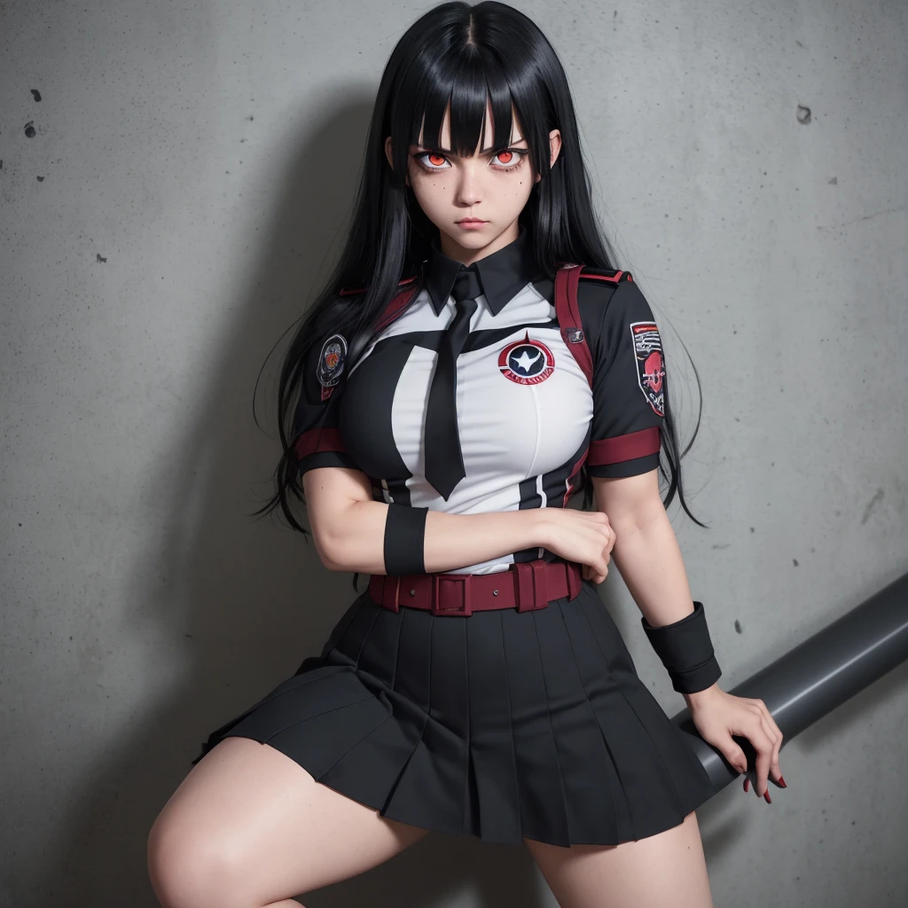 my hero academia uniform, siren eyes, dark red eye color, muscular arms, long jet black hair with bangs, arms crossed, lesbian, dominant, Mole Under Eye, Devil Pupils, Tsundere, faded scare over right eye, tall, nonchalant, 1girl,