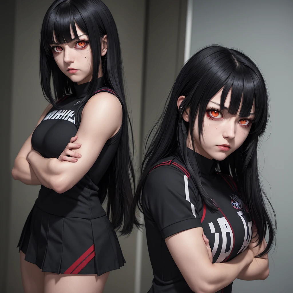 my hero academia uniform, siren eyes, dark red eye color, muscular arms, long jet black hair with bangs, arms crossed, lesbian, dominant, Mole Under Eye, Devil Pupils, Tsundere, faded scare over right eye, tall, nonchalant, 1girl,