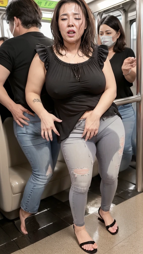 1girl,(masterpiece:1.8),photo-realistic,16k,(beautiful 40s japanese plump lady:1.5),(crowded train:1.6),(black chiffon frilled blouse:1.5),(jeans:1.2),(sandals:1.2),(handing on wetting crotch with both hands:1.3),(leaning forward:1.1),(leaking pee:1.6),(dripping pee:1.5),(blush:1.7),(panicking:1.7),(sobbing:1.6),(brown hair:1.2),long hair,straight hair,black eyes,(attractive older woman:1.1),mature woman,MILF,curvy,huge breasts, (heavy makeup:1.3)