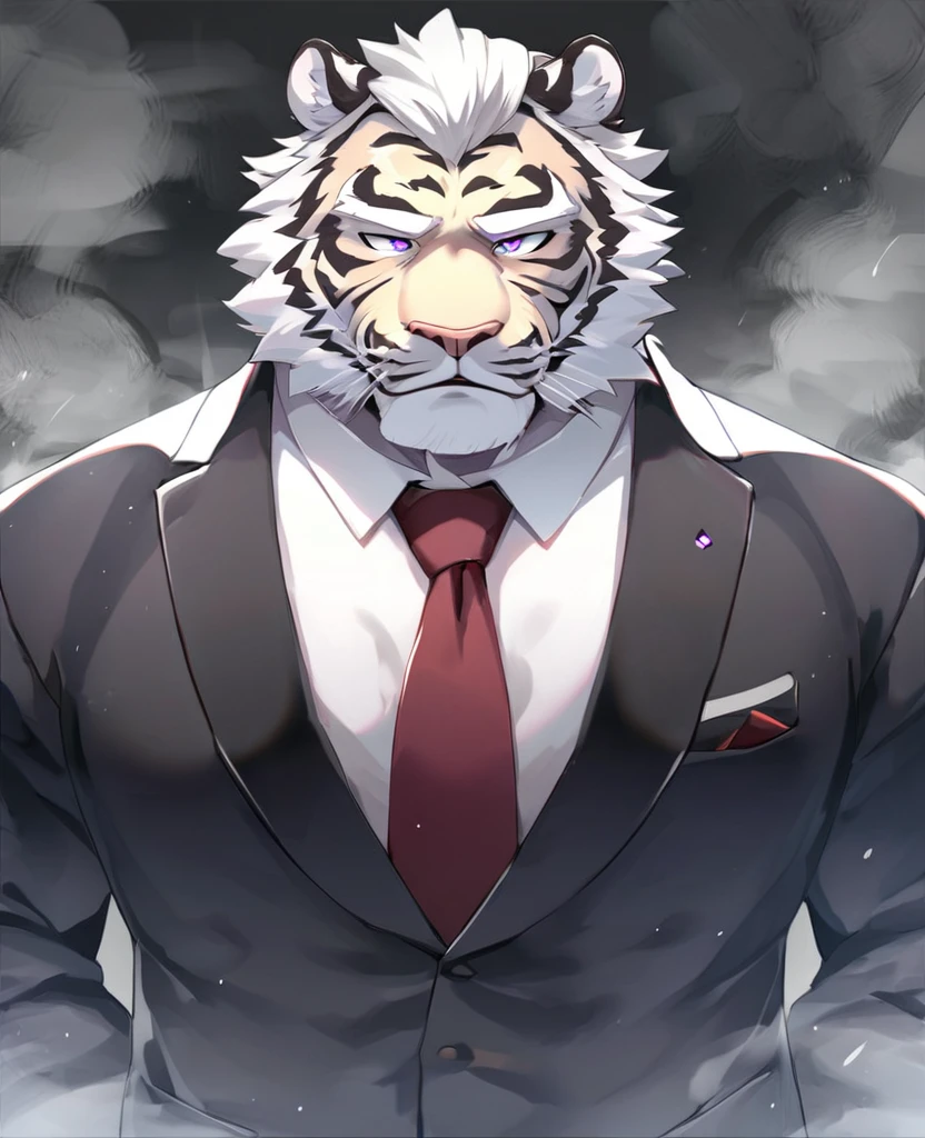 Siberian tiger,personification,Mature male,Strong Man,White hair,black strips,Cold expression,Purple pupils,White eyebrows,Black suit suit,Red tie,Hands in pockets,The Age of Steam。
