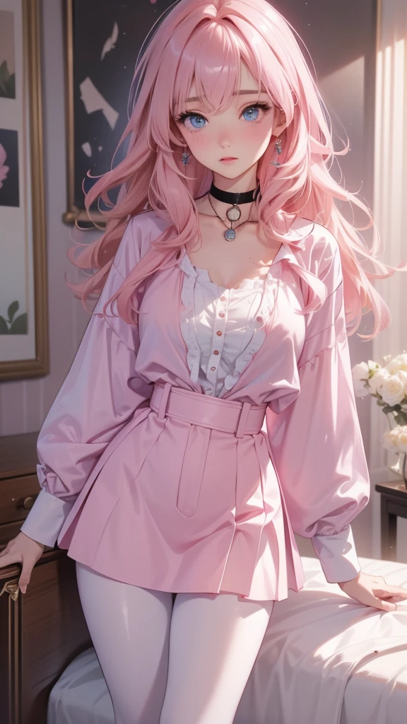 adult woman, big hair, curly hair, pink hair; break; blue eyes, rosto angelical, gorgeous face, blushed face; rosto ultra detaild; break ; pink and white loose blouse, black leggings, wearing high brown leather boots, choker ; break ; (best qualityer), ((ultra detaild)), (best resolution, ( 4K ) soft strokes, role model, work of art, closes ; break ; (cozy room in the back
