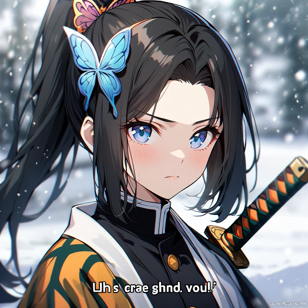 1girl, demon_slayer_uniform, butterfly_hair_ornament, hair_ornament, solo, black_hair, blue_eyes, weapon, long_hair, sword, looking_at_viewer, closed_mouth, haori, upper_body, ponytail, blurry_background, blurry, katana, parted_bangs, bangs, snowing, jacket, outdoors, snow, subtitled, black_jacket, japanese_clothes, twitter_username