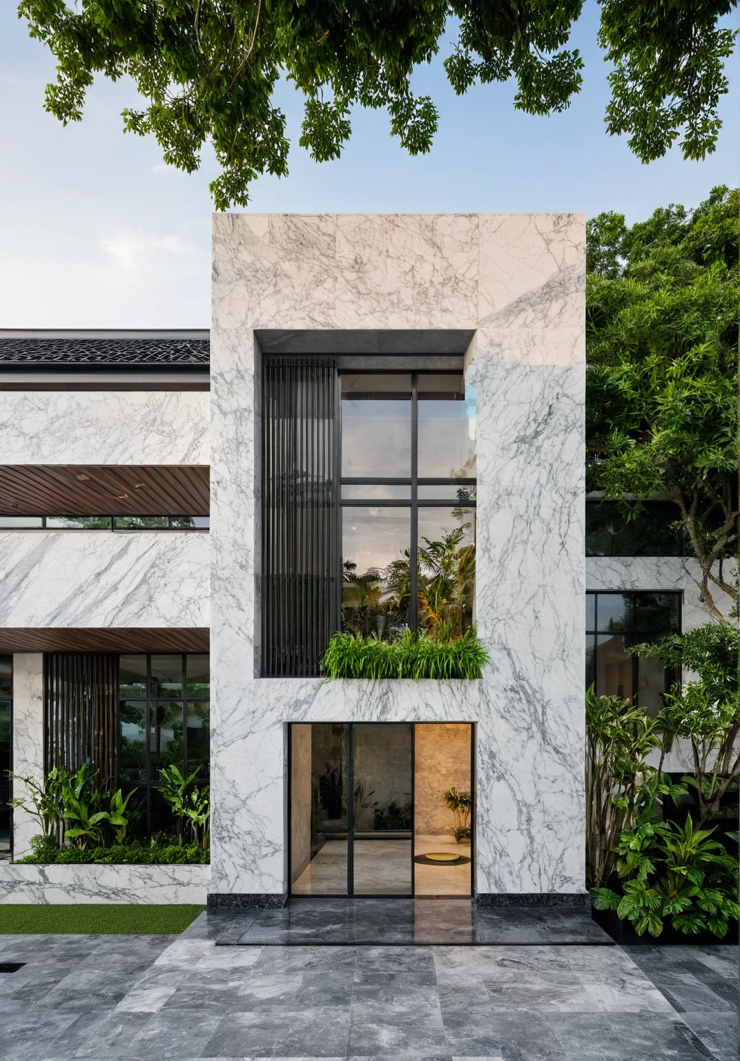 masterpiece, best quality, exterior design, (sunset), one-story modern house in Vietnamese village, marble, steel, modern light-colored granite facade and white walls, wooden ceiling , large glass, modern minimalist style, green shrubs and tropical plants background, large doors and windows.
