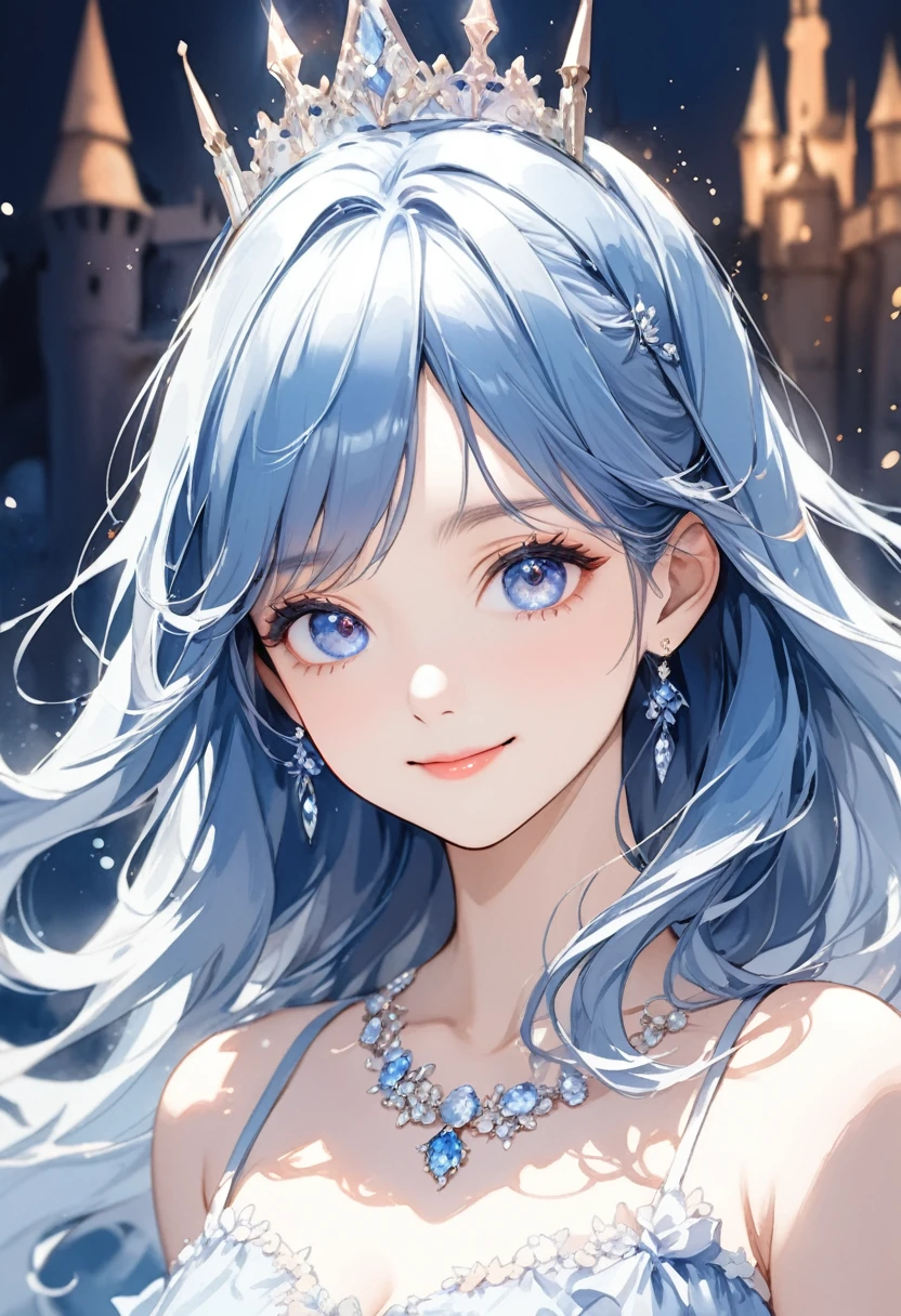 watercolor style,(masterpiece:1.5),(Beat quality),(high res),1girl solo,beautiful face,smile(shining eyes),upper body,light effects,Blue hair dress woman,The background is a castle